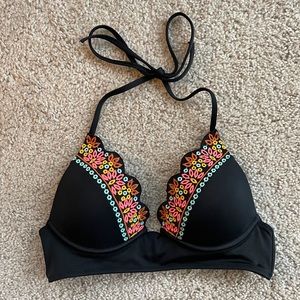 Shade & Shore Floral Halter Bikini Top 32B Black Pink Turquoise Tribal Like NEW